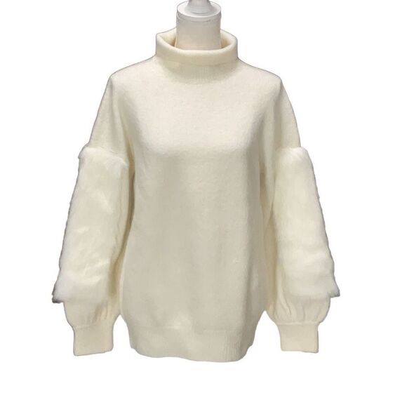 NWT French Connection Cream Long Sleeve Turtle Neck Sweater Faux Fur Arms Sz Sm - Picture 1 of 4